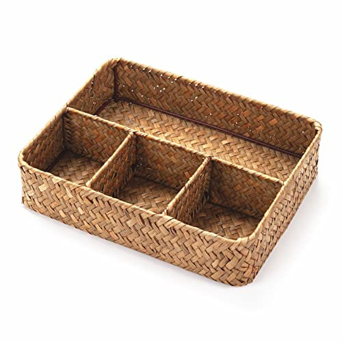 YANGQIHOME Supporto per Bustine di tè in Rattan, Organizer per Bustine di caffè/Zucchero, Cestino Diviso Intrecciato per Mensola/Piano di Lavoro (26 x 20 x 6 cm)