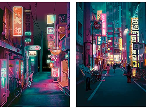 Japan Art Poster Set von 2 – Japanischer Druck Kunstwerk auf Leinwand Rolle – Großes Tokyo Anime Wandkunst Poster Geschenk – Moderne Nacht Stadt Bild Wanddekoration für Schlafzimmer Küche Wohnzimmer