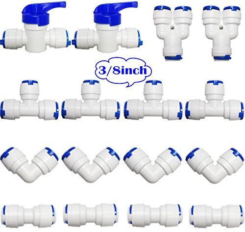 CESFONJER 16 PCS RO Water Filter Fitting, 3/8'' Push fit Connectors for Water Pipe, Push in to Connect Water Tube Fitting Set (Y+T+I+L Type Combo + Shut-Off Valve)