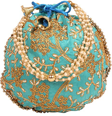 Touchstone Sac fantaisie indien traditionnel brodé à la main avec motif floral - Perles synthétiques - Cordon de serrage - Vert sarcelle - Pour femme.