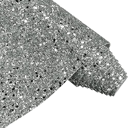 Solid Color Chunky Glitter Faux Leather Roll 12 x 53 Inch Sparkle Synthetic Sewing Fabric for Hair Bows Jewlery Making DIY Accessories (Silver)