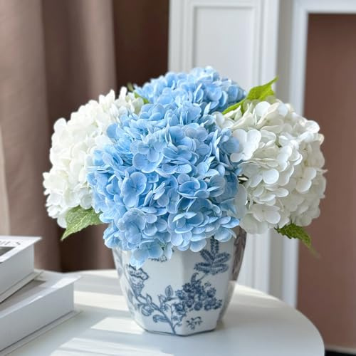 YalzoneMet Ortensia fiori artificiali 4 pezzi 2 bianchi 2 blu chiaro 53,3 cm vero tocco realistico finto lattice ortensia per la decorazione della casa, bouquet da sposa, decorazione di nozze