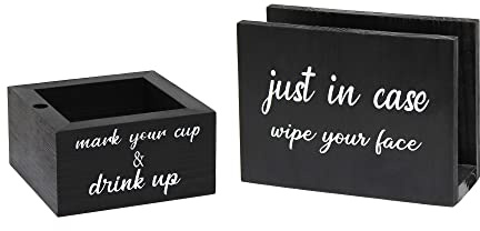 Elegant Designs Portovaglioli in legno moderno portatile da cucina Just in case, wipe your face e Mark your cup & drink up set di portabicchieri per eventi, catering, barbecue, bar, nero w bianco
