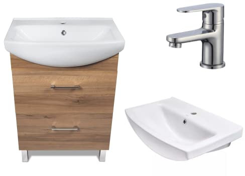 VBChome Mueble de baño de nogal de 50 cm, armario bajo lavabo con grifo, armario bajo el lavabo, armario de baño, armario de 2 cajones