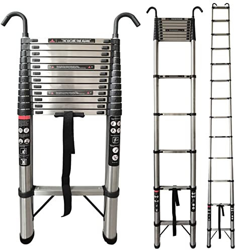 Teleskopleiter für Dachboden, 5 m, Edelstahl, ausziehbar, Dachleiter mit abnehmbaren Haken, tragbar, ausziehbar, Dachleiter für Haushalt und Arbeiten im Freien, 150 kg Kapazität