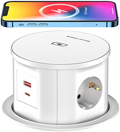 Jgstkcity Einbausteckdose für Arbeitsplatte mit 15W Wireless Charger,Retractable Socket,2-Fach Steckdosenleiste mit USB C(PD 20W Max),Tischsteckdose Versenkbar,Versenkbare Steckdose Küche