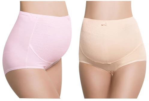 Kapmore Justerbar hög midja moderskap trosa rosettknuten graviditet formkläder par mjuk andningsbar enkel kreativ bomull gravid 2, Rosa och beige, one size