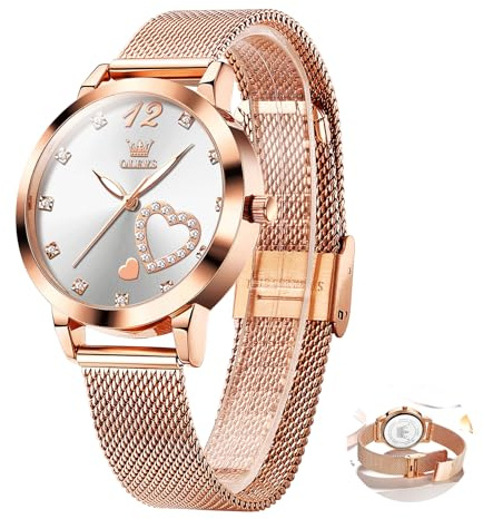 OLEVS Roségold Damenuhr Edelstahl, Lässig Klein Armbanduhr Damen Wasserdicht, Moderne Analog Uhr Damen mit Mesh Armband, Ultradünne Damen Uhr mit Diamant Herz