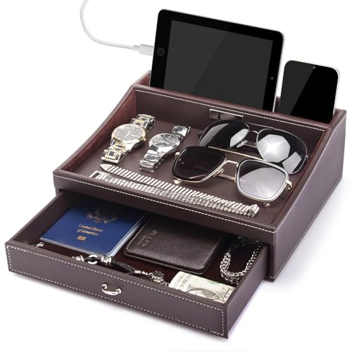 Baoyun Fathers Day Nightstand Organizer for Men, Mens Jewelry Box, Mens Dresser Organizer Countertop, Large Capacity Leather Valet Tray for Phones Pad Wallet Key Birthday Gifts for Men