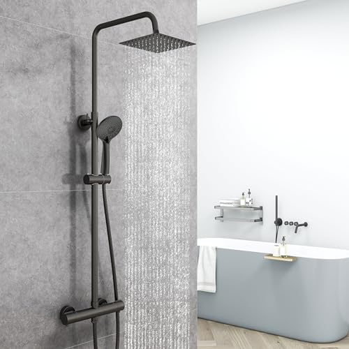 AICA Ensemble de Colonne de Douche Thermostatique pour Salle de Bain, Robinet de Douche Thermostatique, 3 Modes de Pulvérisation, Chromé, Hauteur Réglable 715 mm-1205 mm (Carré 2, noir)