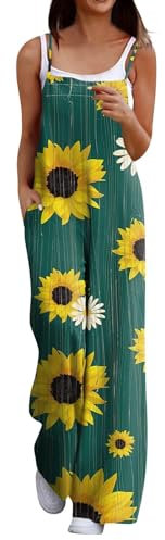 RMBLYfeiye Sommer Damen Chinohosen Chino Hosenanzug Festlich Spaghetti Sonnenblume Druck Overall Baumwoll Leinen Bibs Mit Taschen