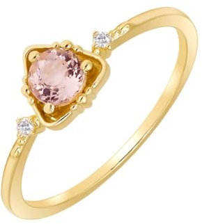 KnBoB 9 Karat Gold Ring für Damen, Morganit mit Zirkonia Vintage Zierlich Echtschmuck Edelstein Ring Schlicht Größe 62 (19.7)