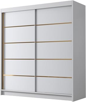 Mirjan24 Kleiderschrank mit Goldverzierung Bajpra IV 180 cm Breit, Garderobenschrank, Schlafzimmerschrank mit Kleiderstange und Einlegeböden für Kleidung (Weiß)