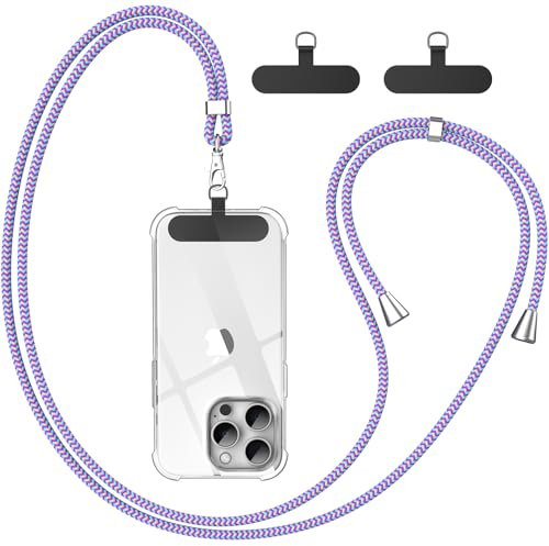 caslord Cordon Telephone Portable, avec 2 Patchs Noirs Durables, Lanière de Téléphone Portable 1,6m Adjustable, Collier Compatibles avec Tous Les Smartphones et Plupart des Coques-Bleu Violet