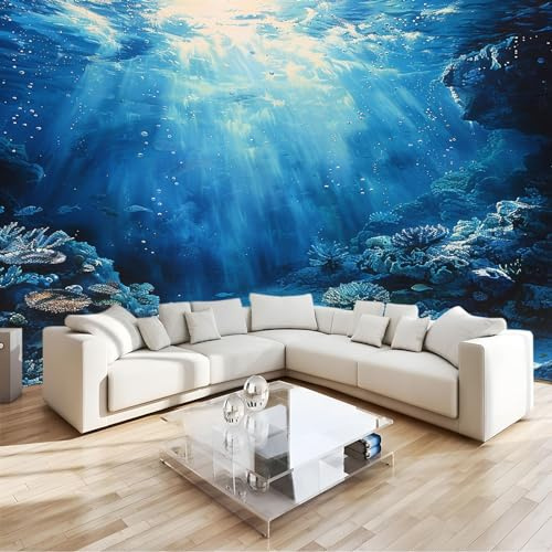 Papier Peint 3D Panoramique 350x256cm Fond de Mer Bleu Océan Intissé pour Salon Chambre Restaurant Décoration Murale, Couloir TV Fond Décoration Peinture Murale Décor Mural