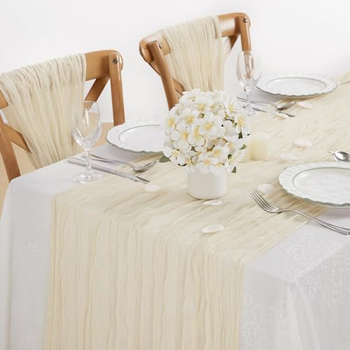 BrillShine 2 Stück Tischläufer, 90x300cm Beige Musselin Tischläufer Hochzeit Table Runner für Taufe Geburtstag Freien Hochzeitsdeko