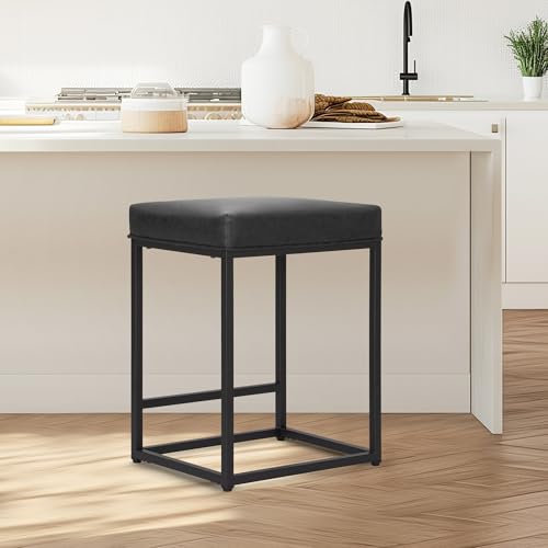 ALPHA HOME Barhocker, Counter Höhe Barhocker mit Fußstütze, Frühstück Bar Stuhl von Pu Leder Backless, Küche Esszimmer Cafe Stuhl für Innen-und Außenbereich (Schwarz)