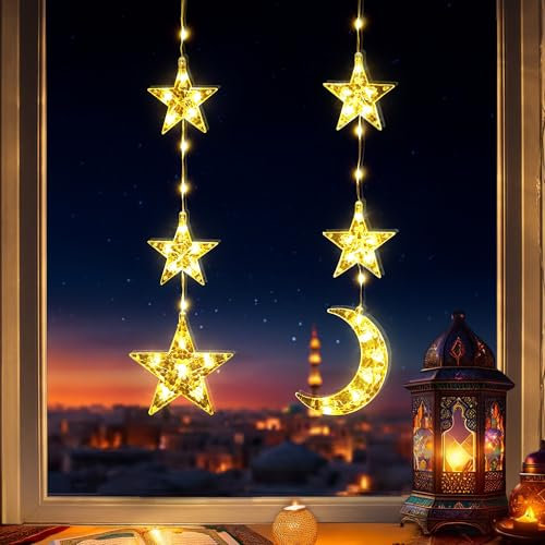 PhilzOps Weihnachtsdeko Lichterkette, 2 Stück Weihnachten Fenster Lichter Mond Sterne Fensterlichter Batterie mit Timer LED Sterne Weihnachtsbeleuchtung für Innen Zimmer Tür Hochzeit Party, Warmweiß