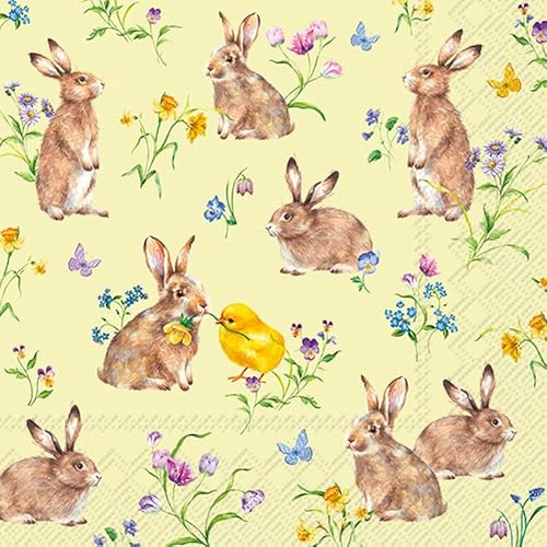 20 Servietten Ostern Hasen treffen auf Küken hellgrün als Tischdeko. Papierservietten mit Motiv. Auch für Decoupage und Serviettentechnik 33x33cm