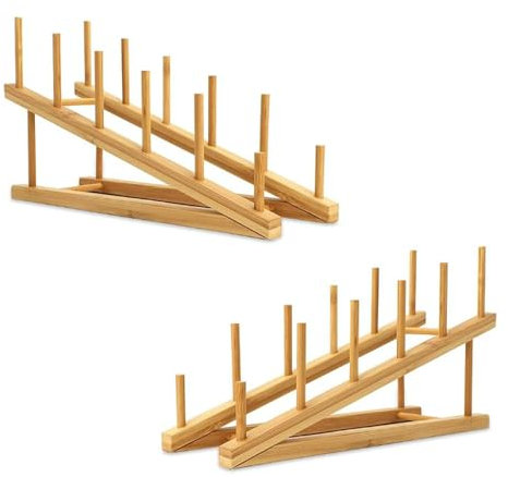 SITAKE 2 Pcs Egouttoir Vaisselle Bois, Porte-Assiettes en Bambou, Étagère de Présentation pour Tasse, Planche à Découper, Bol, Assiette, Couvercle de Casserole