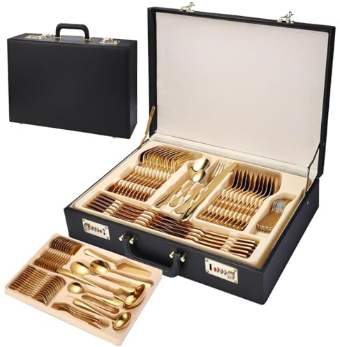 Set di posate in acciaio inox da 72/84 pezzi, set di posate lavabili in lavastoviglie con cucchiai e forchette, include scatola regalo valigia per la cucina di famiglia