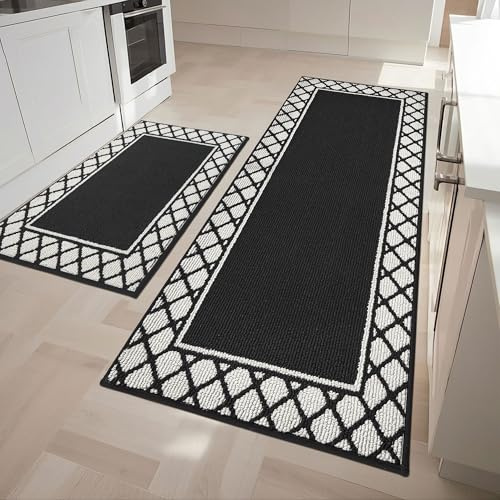 COSY HOMEER Küchenteppich Waschbar rutschfest 2 Stück, 60 x 90 cm + 60 x 150 cm Küchenläufer Maschinenwaschbare, Teppich Läufer für Küche, Waschküche, Flur, Schwarz