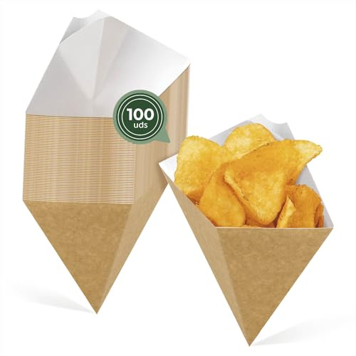 MAXI PRODUCTS - 100 Envases Cono Cartón Kraft con Salsera - 21,5 x 27 cm - Capacidad 700 cc - Antigrasa y Resistente a Aceites - Doble Capa Aislante - Aperitivos y Catering - LISTO PARA USAR