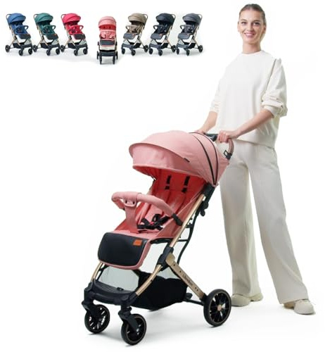 Baby Pushchair, Lightweight Stroller, Compact Travel Buggy, One Hand Foldable, Five-Point Harness, Foot Cover, Mommy Bag, Rain Cover, All Year Round (Pink - Rose Gold Frame)