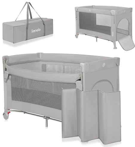 LIONELO Ellen 3-i-1 Resesäng & Spjälsäng för Baby 0–36 Mån (upp till 15 kg), Co-Sleeper med 2 Madrassnivåer, Hopfällbar, Sidoöppning, Hjul med Broms, Transportväska, Stabil Konstruktion, Grå Betong
