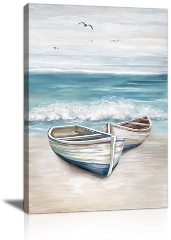 Blau Ozean Boot Möwe Leinwand Bilder mit Rahmen Blau Weiß Meer Wandbilder Sand Strand Küste Bild Auf Leinwand Leinwandbilder Deko Wanddekoration für Badezimmer Schlafzimmer Wohnzimmer Büro 40X60cm