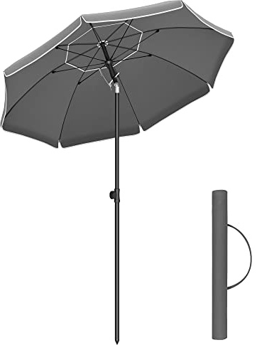 SONGMICS Ombrellone da 180 cm, Protezione Solare UPF 50+, Parasole Inclinabile 30°, Altezza Regolabile, Borsa da Trasporto, per Balcone, Giardino, Terrazza, Spiaggia, Senza Base, Grigio GPU062GZ01