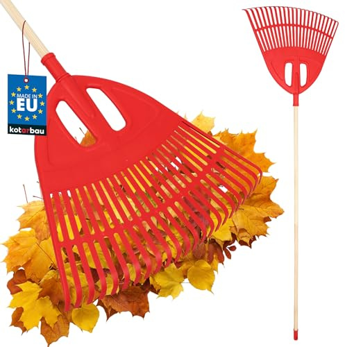 KOTARBAU® Trädgårdskratta - Plast - 50 cm - Trähandtag 150 cm - Extra-Click Funktion - Lövräfsa - Robust Räfsa - Plastkratta Trädgårdsräfsa - För Höstlöv Häckklippning - Röd & Taturfärgat Trä
