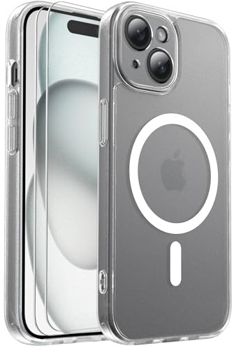 Ezanmull for iPhone 15 Case Magnetic Shockproof, Full Camera Protection, Fit for MagSafe, with Screen Protector X2, Translucent Anti-Fingerprint Case for iPhone 15 (Clear)