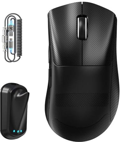 ATTACK SHARK V8 Wireless Gaming Mouse with LED Coiled Cable, Nordic 54L15 Chip, PAW3950MAX, 42000DPI, Dual 8000Hz, 59g Lightweight, Shark-fin Dongle Design, 2.4Ghz/BT/Wired for PC, Black & Grip Tape