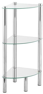 WENKO Eckregal Mod. Yago mit 3 Glasablagen, Badregal für Ecken aus Edelstahl und Glas, 30 x 74 x 30 cm, platzsparende Aufbewahrung im Bad