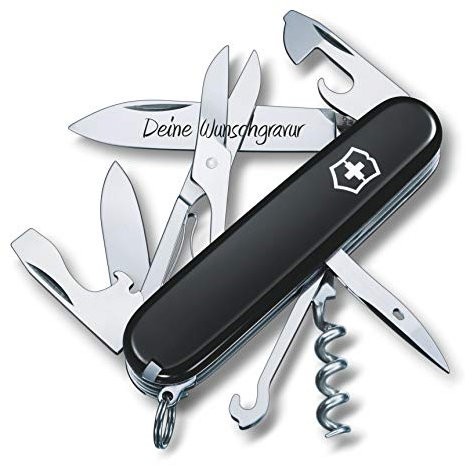 Victorinox Coltello da Tasca Scalatore con Richiesta Incisione Auf der Lama I Regalo per Uomini Donne I per Compleanno I Svizzero Personalizzato con 14 Funzioni 1.3703 - Nero, 91x27x18 mm
