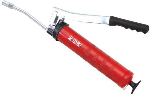K Tool International 73942 Grease Gun with Lever Handle for Garages, Repair Shops, and DIY, 10,000 PSI, Die-cast Aluminum Head, 14oz Bulk or Suction Fill, 3-Way Loading, 6 Steel Extension, Red