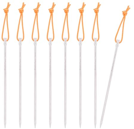 iBasingo 20cm Titanium Alloy Tent Pegs Ultralight Tent Stakes Heavy Duty Tent Nails Outdoor Camping Awning Ground Pins Tent Accessories with Rope Ti4006P (8 pcs/lot)