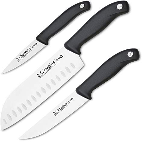 3 Claveles Evo, set di coltelli ad alte prestazioni, in acciaio inox al molibdeno-vanadio, filo durevole e taglio preciso. Santoku, cuoco e verdure.