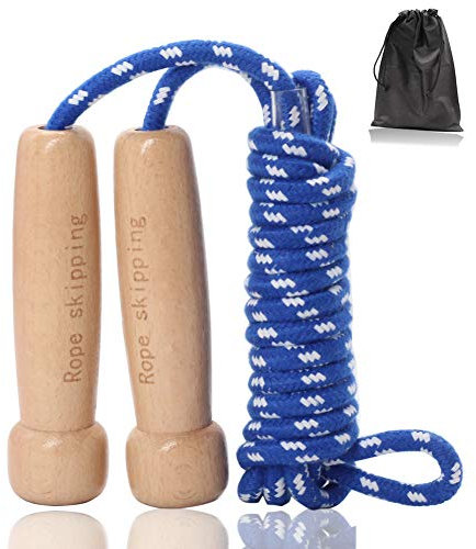 Springseil Erwachsener, Verstellbares Baumwoll Seilspringen mit Natürlichem Holzgriff Speed Jump Rope für Fettverbrennung & springen Übung & Fitness - 300CM / 9.8FT