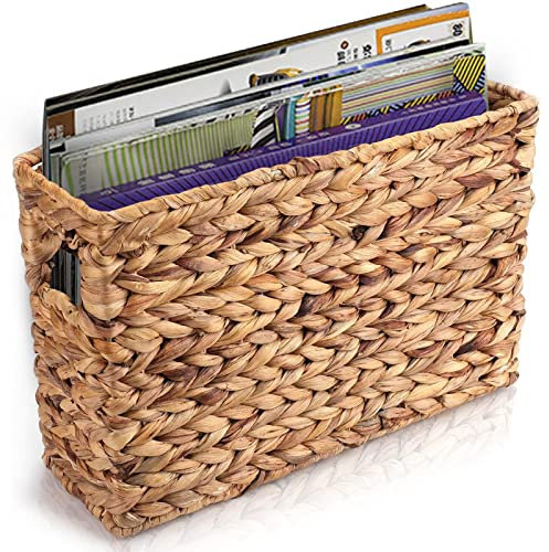 Yesland Hand-Woven Natural Narrow Water Hyacinth Holder Wicker Basket, 15.5 x 5.5 x 9.75 Inch/39 x 14 x 24.7cm Decorative Magazine Storage Bin for Home, Office, Desk