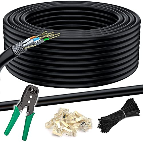 MutecPower 100m CAT 7 Außen Verwendung wasserdicht Direct Burial Ethernet Netzwerkkabel - SSTP - 600 MHz - Schwarz 100 Meter mit Crimpzange, RJ45 stecker und kabelbinder