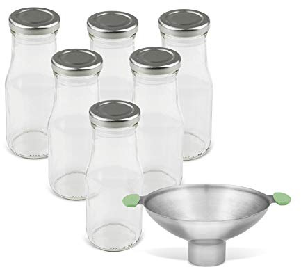 Dr. Oetker Milchflaschen 250 ml mit Trichter, Smoothie-Flasche mit Deckel, luftdichte Saftflasche, hochwertige Flasche mit Einmachtrichter (Farbe: Transparent/Silber/Grau), Menge: 1 x 7er Set