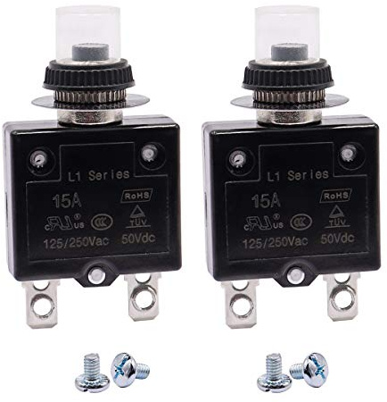 mxuteuk 2Pcs 15Amp Circuit Breakers Push Button Manual Reset 125/250V AC 50V DC, L1 Series Overload Protector Switch Thermal Circuit Breakers with Waterproof Button Caps L1-ls-15A