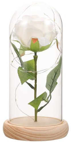 in Glass Dome with Lights, Rose Artificial Flowers, for Valentines Day Mothers Day Anniversary Wedding, White