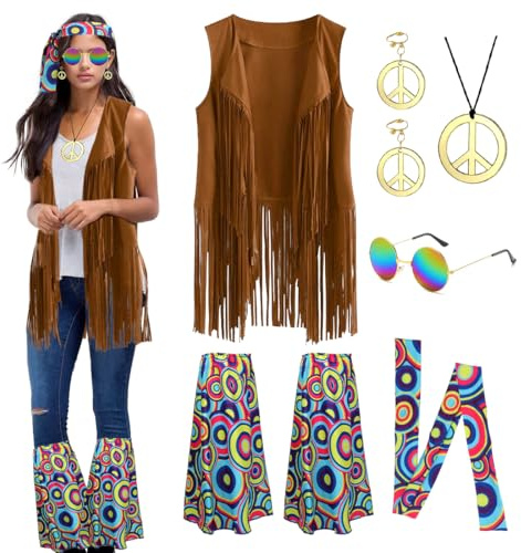Aurasky Hippie Kostüm Damen, Hippie Fransenweste Brille Peace Kette Ohrringe Haarband Beinstulpen, 60er 70er Jahre Bekleidung Damen, Hippie Accessoires für Mottoparty Fasching Karneval -A