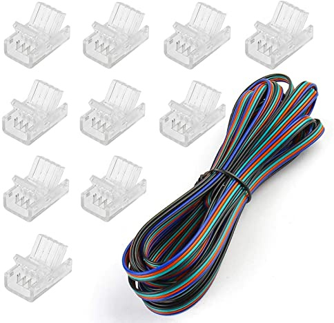 SUPERNIGHT 10er Pack 4 Pin LED Verbinder für 10mm wasserdichte und nicht wasserdichte RGB 5050 LED Streifen, inklusive 16,4ft Verlängerungskabel, Schnelle Strip-zu-Draht Verbindung ohne Abisolieren