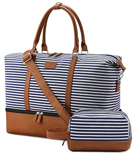 Sucipi Reisetasche Damen Weekender Damen Groß Canvas PU-Leder Handgepäck Kliniktasche (XL 53 x 37 x 23 cm) mit Schuhfach mit Kulturtasche - Blau Gestreift