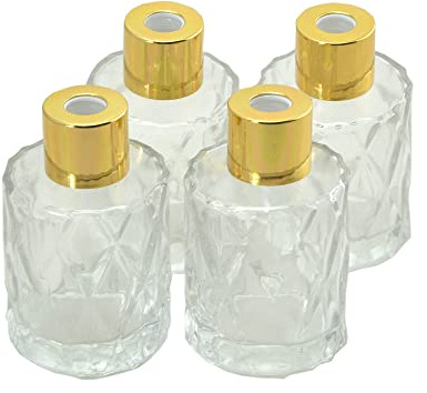 Kidlearn Juego de 4 botellas convexas rómbicas con difusor de aroma, frascos esenciales de cristal para ambientadores (tapas doradas, 50 ml)