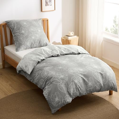 BEDSURE Bettwäsche 135x200 Baumwolle Bettbezug - Bettwäsche-Sets 135 x 200 cm 2teilig Grau mit Kissenbezug 80x80 cm, ÖKO-TEX Wendebettwäsche Bedding mit Reißverschluss Ginkgo Muster